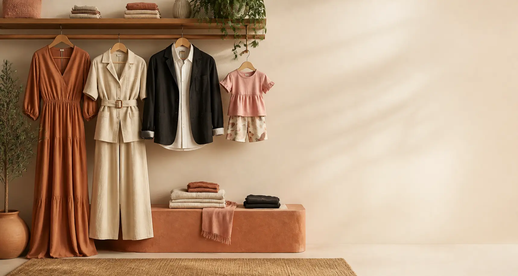 Seleção de roupas femininas, masculinas e infantis organizada em estúdio
