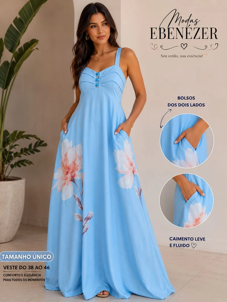 Vestido longo azul feminino da Modas Ebenézer