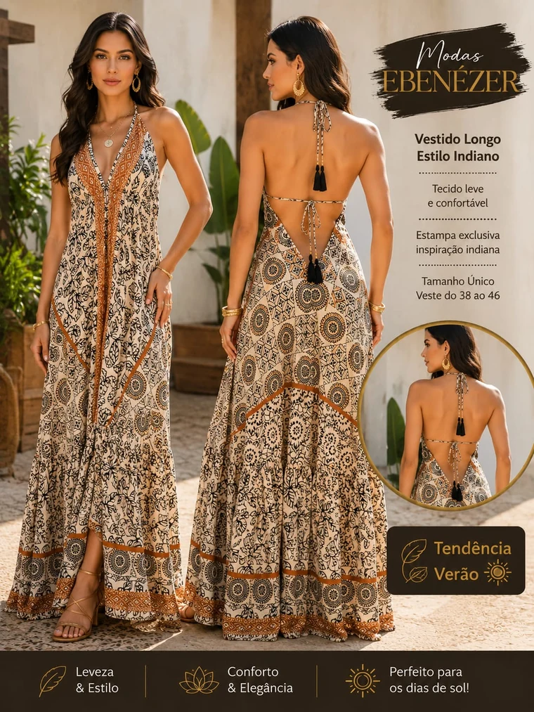 Vestido longo feminino estilo indiano da Modas Ebenézer